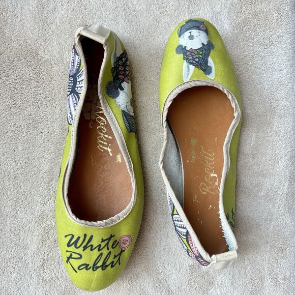 Rockit “White Rabbit” Green Printed Leather Ballet Flat Shoes Women EU 38 US 7.5 - Picture 14 of 16